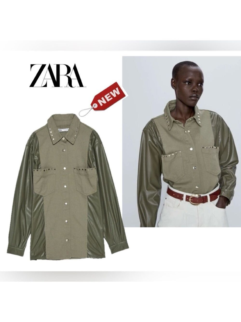 Zara olive green faux leather cotton studded utility shirt jacket shacket S NWT
